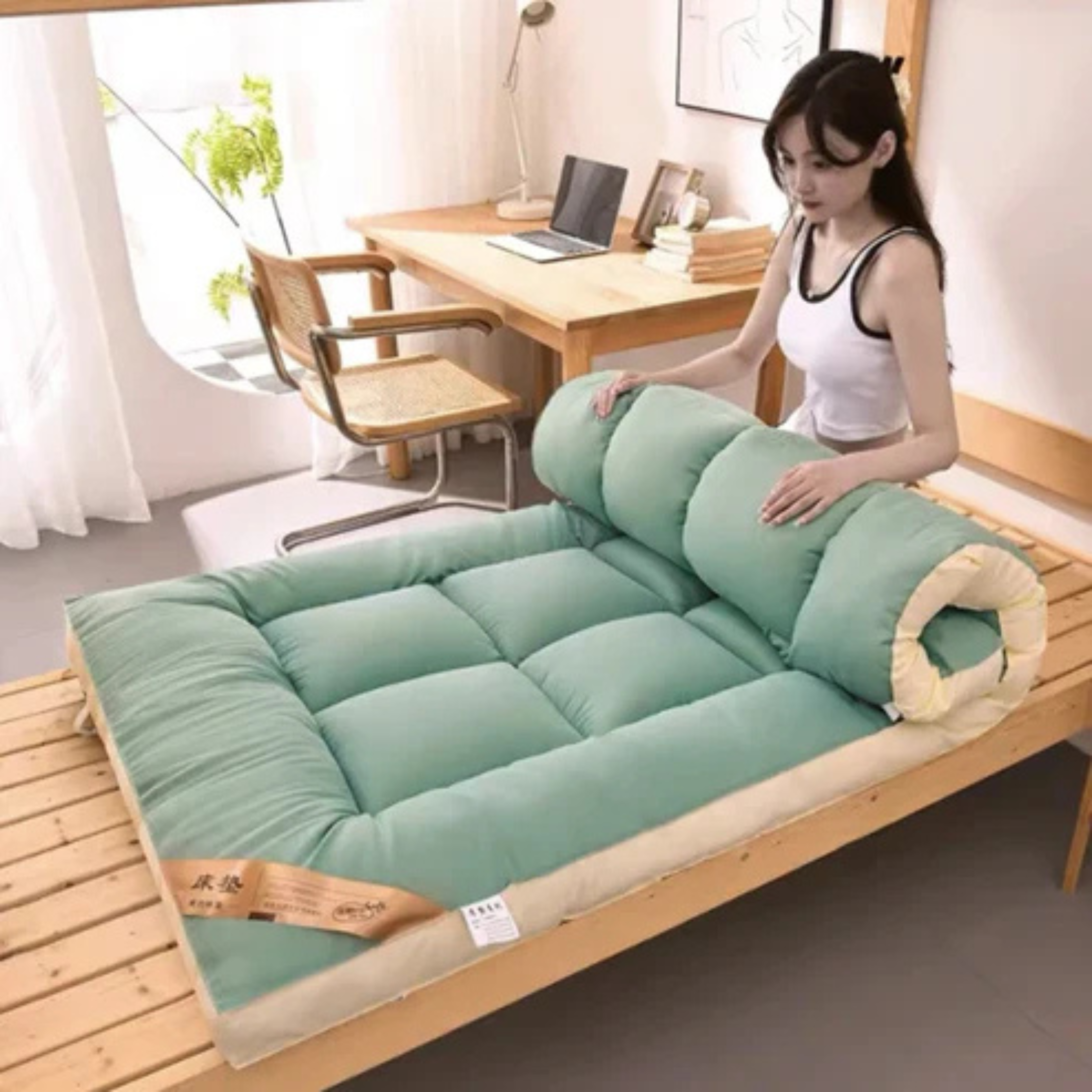 Matelas futon pliable avec coussin intégré – Confort nomade et gain de place