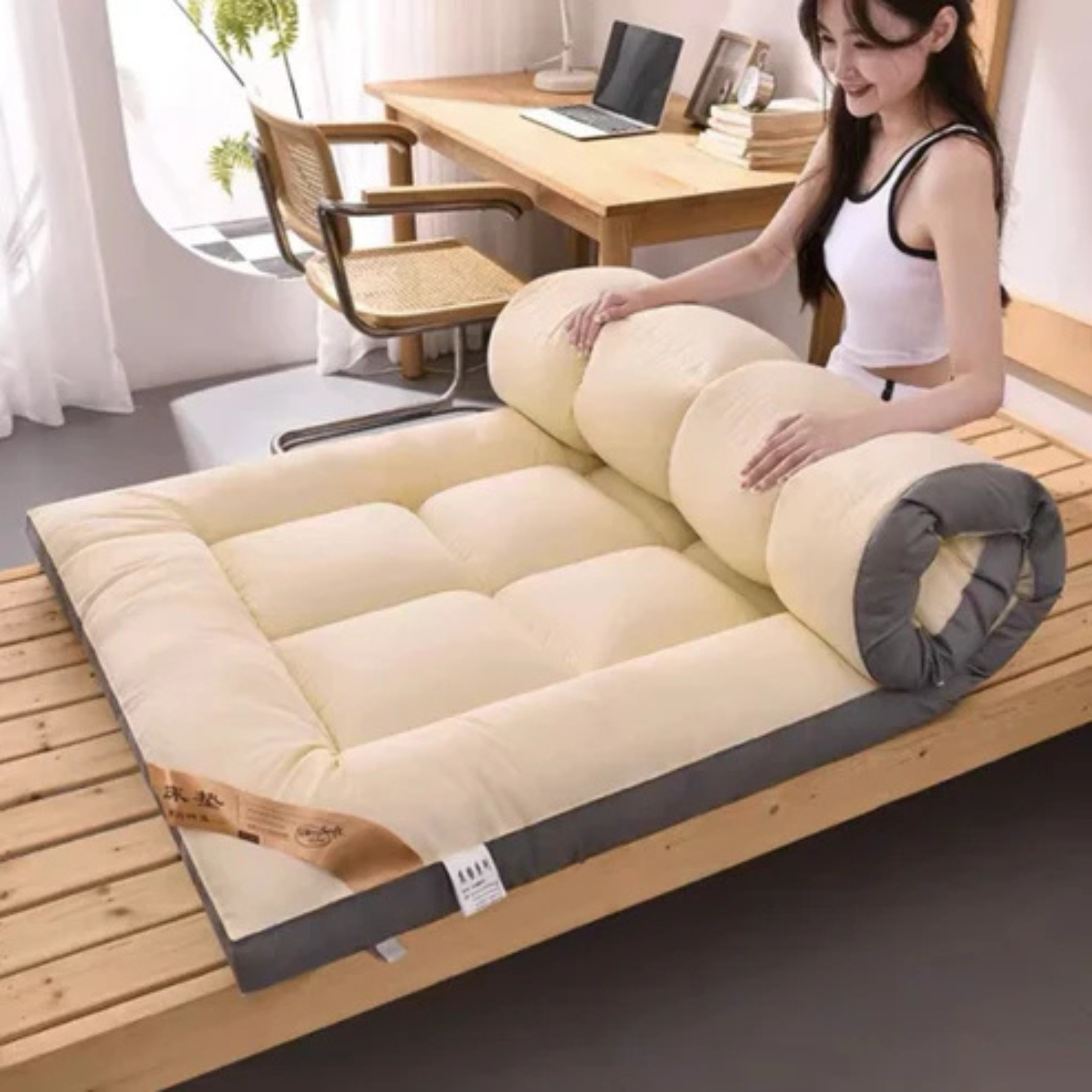Matelas futon pliable avec coussin intégré – Confort nomade et gain de place